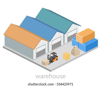 Isometric flat 3D concept vector warehouse outside. The boxes are on the shelves.