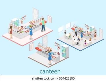 Isometric Flat 3D Concept Vector Interior Of A Coffee Shop Or Canteen. People Sit At The Table And Eating.