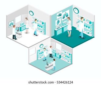 Isometric Flat 3D Concept Vector Interior Of Science Laboratory. Medical Research Pharmaceutical Illustration