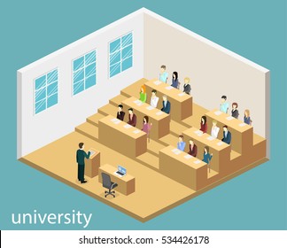 Isometric flat 3D concept vector interior university auditorium. Students sitting at desks and listening to the teacher. education training