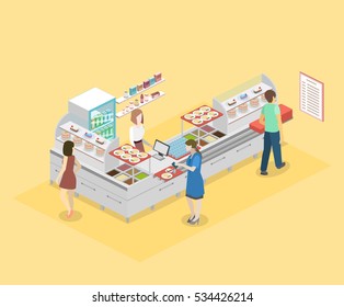 Isometric flat 3D concept vector interior of a coffee shop or canteen.