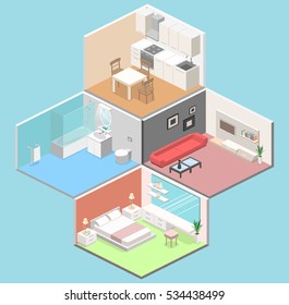 Isometric flat 3D concept vector interior of studio apartments with kitchen, bathroom, living room and bedroom