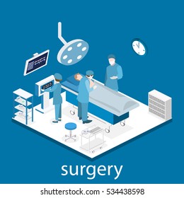 Isometric flat 3D concept vector interior of Surgery Department. Hospital Plastic Surgery Operating Theater Medical Doctor Surgeon and Patient Surgery Infographic.