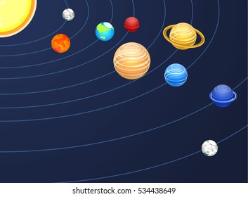 Isometric flat 3D concept vector solar system showing planets around sun