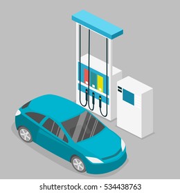 Isometric Flat 3D Concept Vector Outside Gas Station, Petrol Station