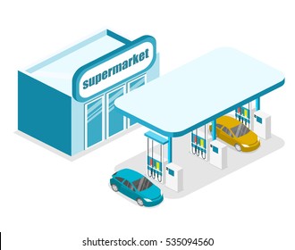 Isometric Flat 3D Concept Vector Outside Gas Station, Petrol Station