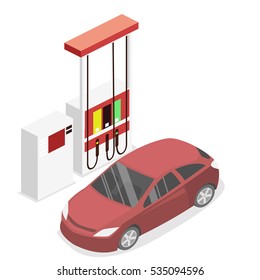 Isometric Flat 3D Concept Vector Outside Gas Station, Petrol Station