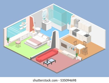 Isometric flat 3D concept vector interior of studio apartments with kitchen, bathroom, living room and bedroom