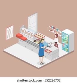 Isometric flat 3D concept vector interior of a coffee shop or canteen.