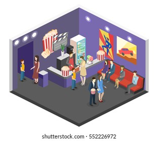 Isometric flat 3D concept vector interior of cinema waiting hall. cinema cafe