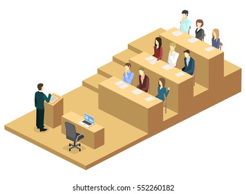 Isometric flat 3D concept vector interior university auditorium. Students sitting at desks and listening to the teacher. education training