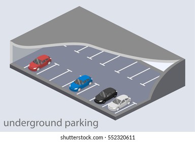 Isometric flat 3D concept vector underground parking with cars. Urban transport. parking space