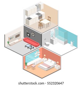 Isometric flat 3D concept vector interior of studio apartments with kitchen, bathroom, living room and bedroom
