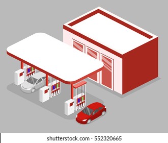 Isometric Flat 3D Concept Vector Outside Gas Station, Petrol Station