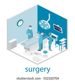 Isometric flat 3D concept vector interior of Surgery Department. Hospital Plastic Surgery Operating Theater Medical Doctor Surgeon and Patient Surgery Infographic.