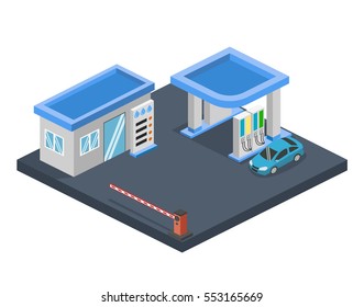 Isometric Flat 3D Concept Vector Gas Station, Gasoline, Petrol Station