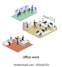 Isometric flat 3D concept vector design interior office set with workers and support hotline