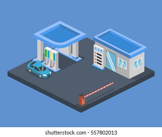 Isometric Flat 3D Concept Vector Gas Station, Gasoline, Petrol Station