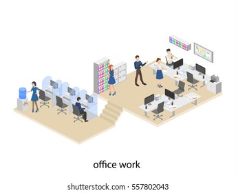 Isometric flat 3D concept vector design interior office set with workers and support hotline