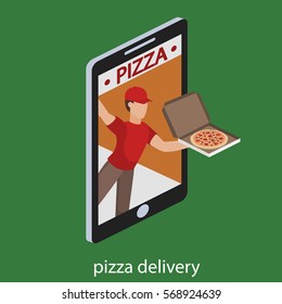 Isometric flat 3D concept vector order delivery pizza at home using a smartphone