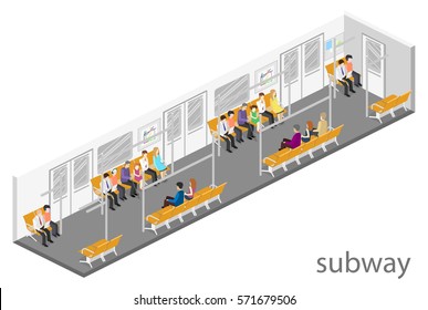 Isometric Flat 3D Concept Vector Interior Of Metro Subway Train Carriage. Underground Station