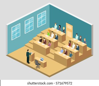 Isometric flat 3D concept vector interior university auditorium. Students sitting at desks and listening to the teacher. education training