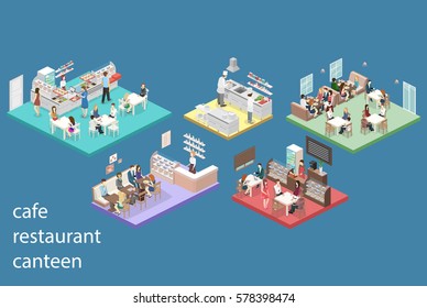 Isometric flat 3D concept vector interior of sweet-shop, cafe, canteen and restaurant kitchen. People sit at the table and eating. Flat 3D illustration