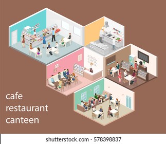 Isometric flat 3D concept vector interior of sweet-shop, cafe, canteen and restaurant kitchen. People sit at the table and eating. Flat 3D illustration