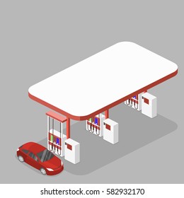 Isometric Flat 3D Concept Vector Outside Gas Station, Petrol Station