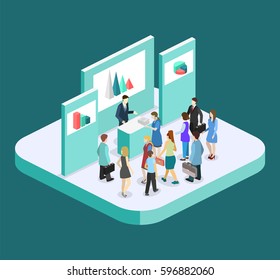 Isometric Flat 3D Concept Vector Exhibition Or Promotion Stand. Trade Show Booth