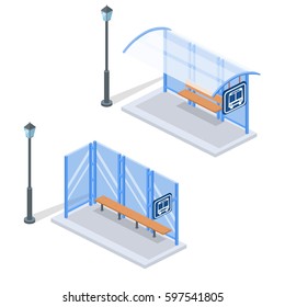Isometric flat 3D concept vector illustration city bus stop with street light. Set of collection