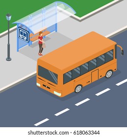 Isometric flat 3D concept vector illustration people are waiting for the bus at the bus stop on the street