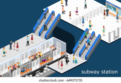 Isometric Flat 3D Concept Vector Interior Of Metro Subway Train Carriage. Underground Station