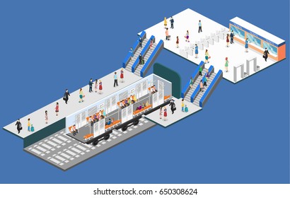 Isometric flat 3D concept vector interior of metro subway train carriage. underground station