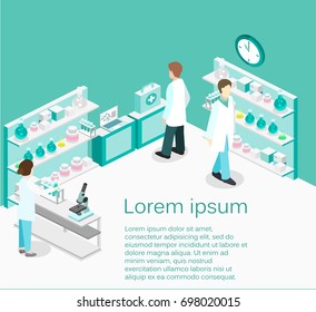 Isometric flat 3D concept vector interior of science laboratory. medical research pharmaceutical illustration