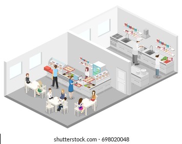 Isometric Flat 3D Concept Vector Interior Of Cafe, Canteen And Restaurant Kitchen. People Sit At The Table And Eating. Flat 3D Illustration