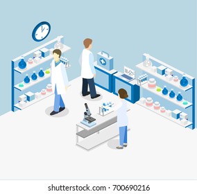 Isometric flat 3D concept vector interior of science laboratory. medical research pharmaceutical illustration