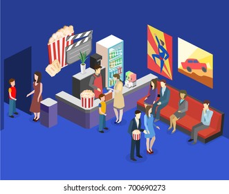 Isometric flat 3D concept vector interior of cinema waiting hall. cinema cafe