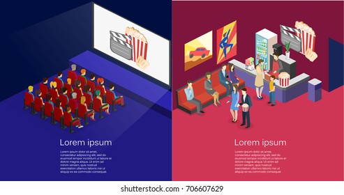 Isometric flat 3D concept vector interior of cinema hall,cafe. people watching a movie