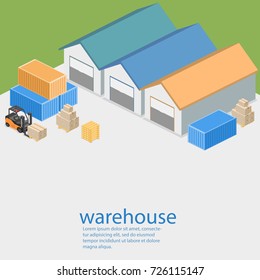 Isometric flat 3D concept vector warehouse outside. The boxes are on the shelves.