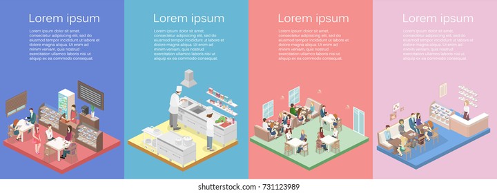 Isometric flat 3D concept vector interior of sweet-shop, cafe, canteen and restaurant kitchen. People sit at the table and eating. Flat 3D illustration