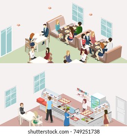 Isometric flat 3D concept vector interior of sweet-shop, cafe, canteen and restaurant kitchen. People sit at the table and eating. Flat 3D illustration