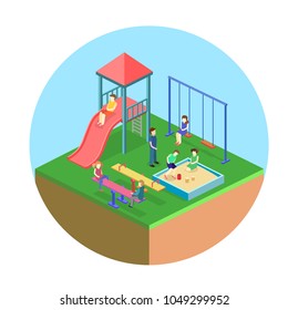 Isometric flat 3D concept web vector kids playground set. children swings, slide, sandbox and other objects