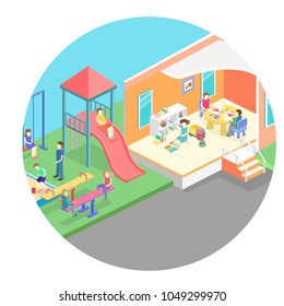 Isometric flat 3D concept web vector kids playground set. children swings, slide, sandbox and other objects