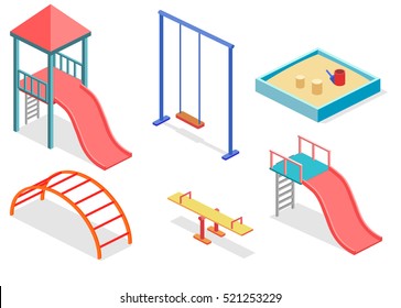 Isometric flat 3D concept web vector kids playground set. children swings, slide, sandbox and other objects