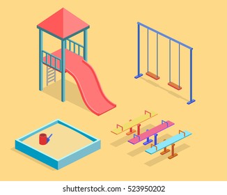 Isometric flat 3D concept web vector kids playground set. children swings, slide, sandbox and other objects