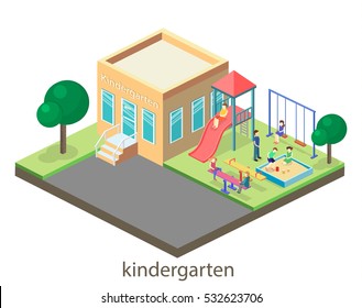Isometric flat 3D concept web vector kids playground set. children swings, slide, sandbox and other objects