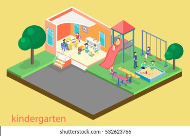 Isometric flat 3D concept web vector kids playground set. children swings, slide, sandbox and other objects