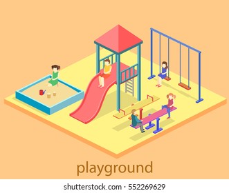 Isometric flat 3D concept web vector kids playground set. children swings, slide, sandbox and other objects