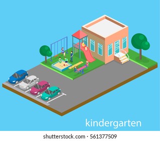 Isometric flat 3D concept web vector kids playground set. children swings, slide, sandbox and other objects